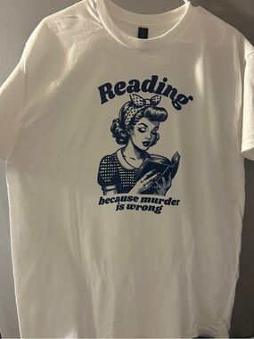 Gildan White Tee with Navy Retro Reading Graphic